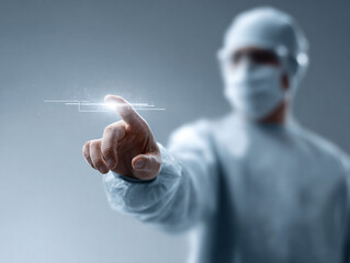 Poster - Surgeon interacting with digital interface. Symbolic of modern medicine, technology, and innovation. Great for healthcare, science, or futuristic concepts.