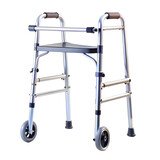 A silver aluminum walker with wheels and a seat is isolated on transparent background
