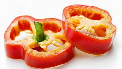 Poster - Two red peppers cut in half on a white surface, ideal for food or cooking illustrations