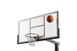 © Tanicsean - Basketball approaching hoop with clear backboard and white net on black pole support system, isolated on a transparent background