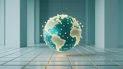 Poster - Futuristic digital globe with interconnected glowing points representing global connectivity and technology in a modern high-tech environment with clean lines and reflective surfaces