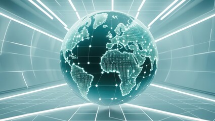 Poster - Futuristic digital globe with interconnected data points and glowing map illuminated in a high-tech environment representing global connectivity and advanced technology