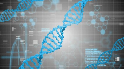 Poster - On start, 3D blue DNA double helix emerging, rotating while data visuals updating for data analysis