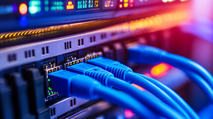 Poster - Network cables connected to a server with colorful LED lights illuminated, showcasing data transfer technology in an IT environment