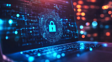 Poster - Cybersecurity encryption lock symbol displayed on a laptop screen showcasing digital protection in a technology environment