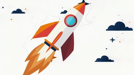 Poster - A rocket soaring through the clear blue sky with a bold red and white color scheme
