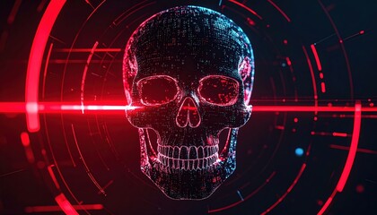 Poster - High Tech Digital Skull Illustration with Neon Red and Blue Light Effects in a Futuristic Cyber Environment for Cybersecurity and Tech Concept