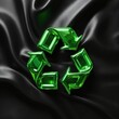 © Raisa - Shiny green recycling symbol on sleek black background. Illustration represents sustainability, eco-friendliness. Visual emphasizes conservation, environmental protection, renewable resources, clean