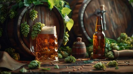 Poster - A glass of beer sits next to a barrel of hops, perfect for brewing or enjoying a cold one
