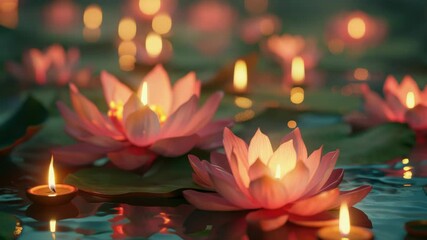 Poster - A group of candles floating on the surface of a peaceful pond at night