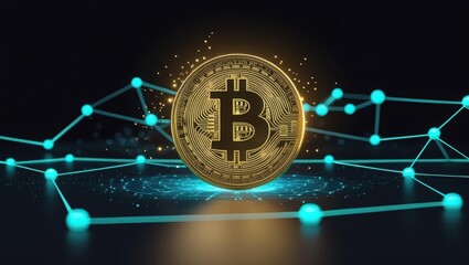 Poster - Highly detailed image of a golden Bitcoin coin with intricate engravings connected to digital blockchain lines and nodes against a dark background, symbolizing cryptocurrency and blockchain technology