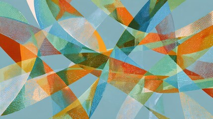 Poster - Complex abstract of multicolored ribbony sine waves crisscrossing, with checkered areas of intersection, on light blue background, no logos, no brands