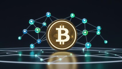 Poster - Digital Bitcoin coin with interconnected blockchain network symbols representing cryptocurrency technology and secure digital currency transactions on a dark background