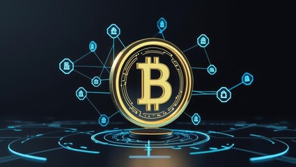 Poster - Digital Bitcoin currency coin with blockchain connections representing cryptocurrency technology and virtual financial transactions in a futuristic style