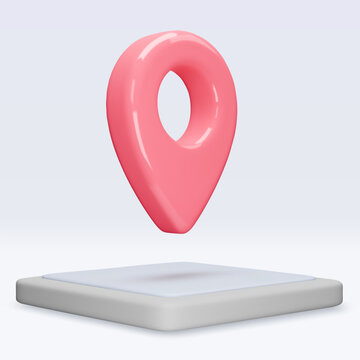 Red location pointer om tablet, placemark, marker of map, navigation pin sign. 3d GPS icon with shadow. Sign for searching on map direction. Vector render illustration isolated on white background