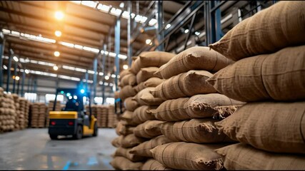 Poster - Warehouse Environment with Stacked Burlap Bags and Forklift in Action for Logistics and Supply Chain Operations