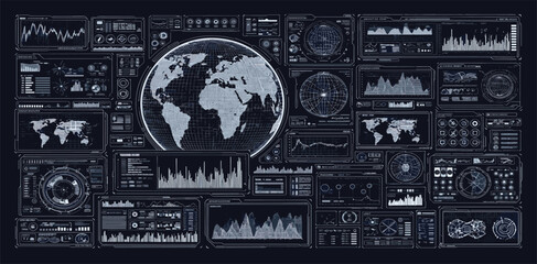 Aufkleber - control system with hud interface, screen monitor with 3d earth globe, ui frames, charts, diagram, d