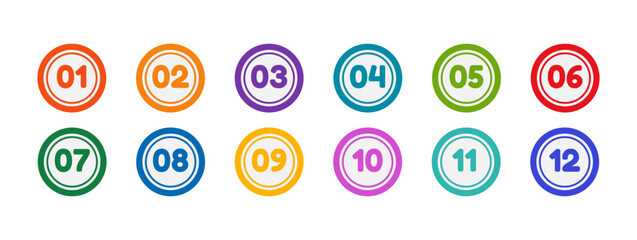 Fototapete - Colorful  bullet point markers from 1 to 12. Minimalist round numbered Bullets for Infographics, Diagrams, Presentations, Projects, and Design.  Vector  Elements  isolated on a white background