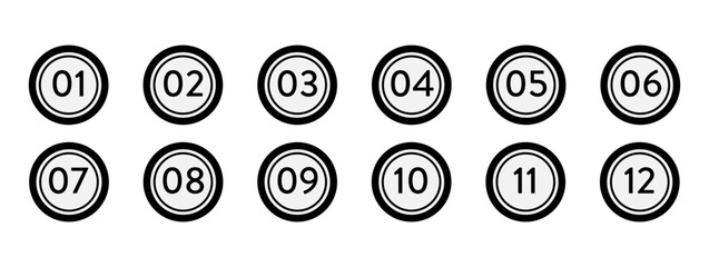 Fototapete - Black-and-white numbered bullet point markers. List indicators from 1 to 12. A set of vector elements for modern infographics, isolated on a white background
