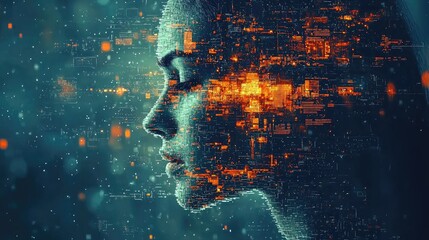 Poster -  Futuristic digital portrait of a woman with cityscape overlay abstract concept studio environment close-up view
