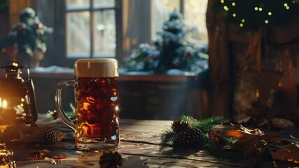 Poster - A clear glass containing beer sits on a table