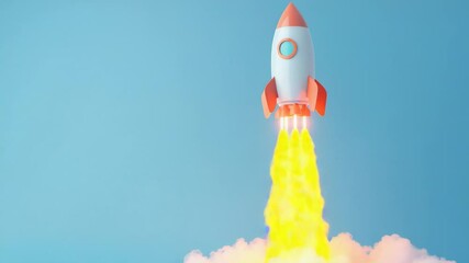Poster - Rocket blasting off into the clear blue sky with flames and smoke