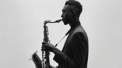 Poster - A person playing saxophone outdoors on a cloudy day, perfect for music or weather-themed projects