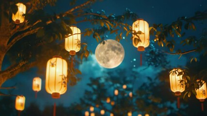 Poster - A bright full moon shines in the dark of night, with stars visible in the background
