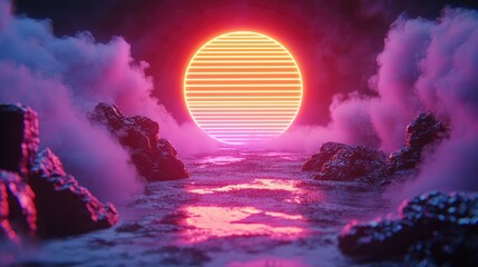 Poster - Stunning neon sunset over misty waters digital art scene atmospheric landscape vivid colors dreamy concept
