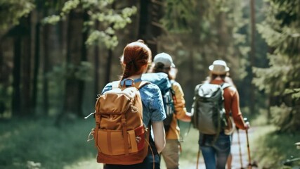 Poster - Group of people on a hike through the woods, walking down a forest path