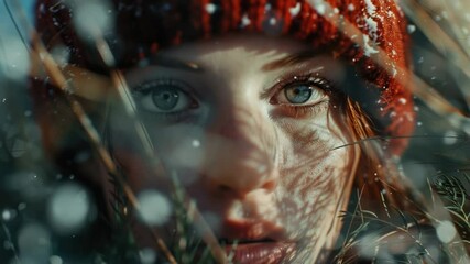 Poster - A close-up shot of a woman's face covered in snow, with her eyes and mouth frozen