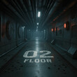 © Nadia - Dark sci fi corridor with pipes along ceiling, industrial walls, red lights, debris on ground marked '02 FLOOR', futuristic spaceship or bunker setting, eerie atmosphere of abandoned high tech facilit