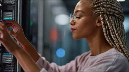 Poster - Woman working on server maintenance in tech facility during late hours