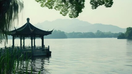 Aufkleber - A wooden gazebo sits atop the water's surface, surrounded by lush greenery and towering trees