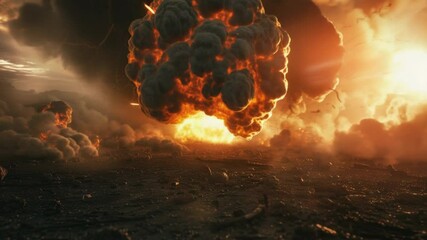 Poster - A massive explosion is seen in the sky, with flames and smoke billowing outwards