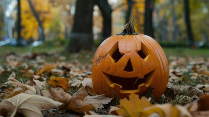 Poster - A carved pumpkin sits amidst autumn leaves, perfect for Halloween or fall-themed designs