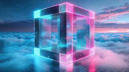 Poster -  Dynamic digital cube floating above clouds futuristic abstract art surreal environment high-resolution view
