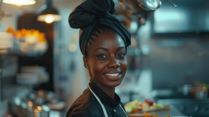 Poster - A woman stands in a kitchen holding a plate of food, ready to serve