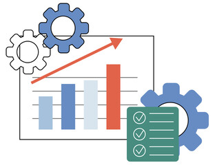 Fototapete - Upward Trend Chart Illustrating Reduction in Costs With Gear and Checklist Icons for Business Efficiency Analysis in a Infographic Design