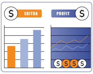 Fototapete - Dual Line Graph Comparing EBITDA and Net Profit Across Quarters With Flat Financial Icons for Business Reporting in a Clean Minimal Infographic Design