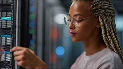 Poster - Professional woman managing data servers in a technology facility