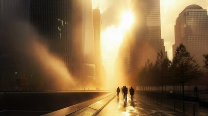 Poster - Group of people walking on city street with tall buildings in the background