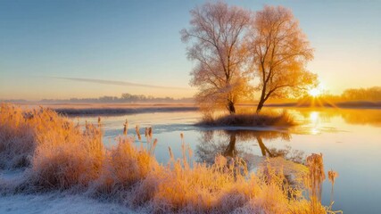 Poster - A serene scene of the sun setting behind a tree on a frozen lake, great for winter or nature-themed projects