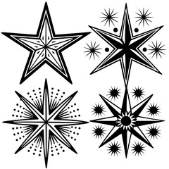 Poster - Four intricate black and white star designs isolated on white background, ideal for decorative and graphic applications