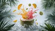 © Shefat - Explosive Tropical Delight: A vibrant display of tropical fruit slices and juice explosions bursts from a freshly cracked coconut, invoking a sense of freshness and summery refreshment.