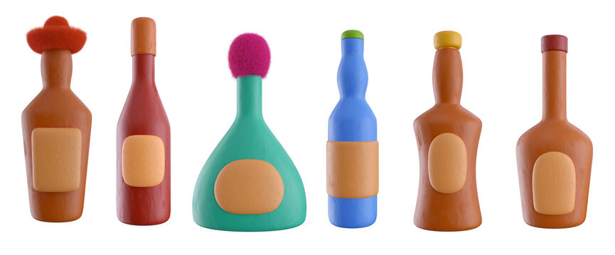 3d illustration bottles for juice, cocktail or alcoholic drink in creative modern style. Realistic render design element from plasticine or clay for branding bar, restaurant.