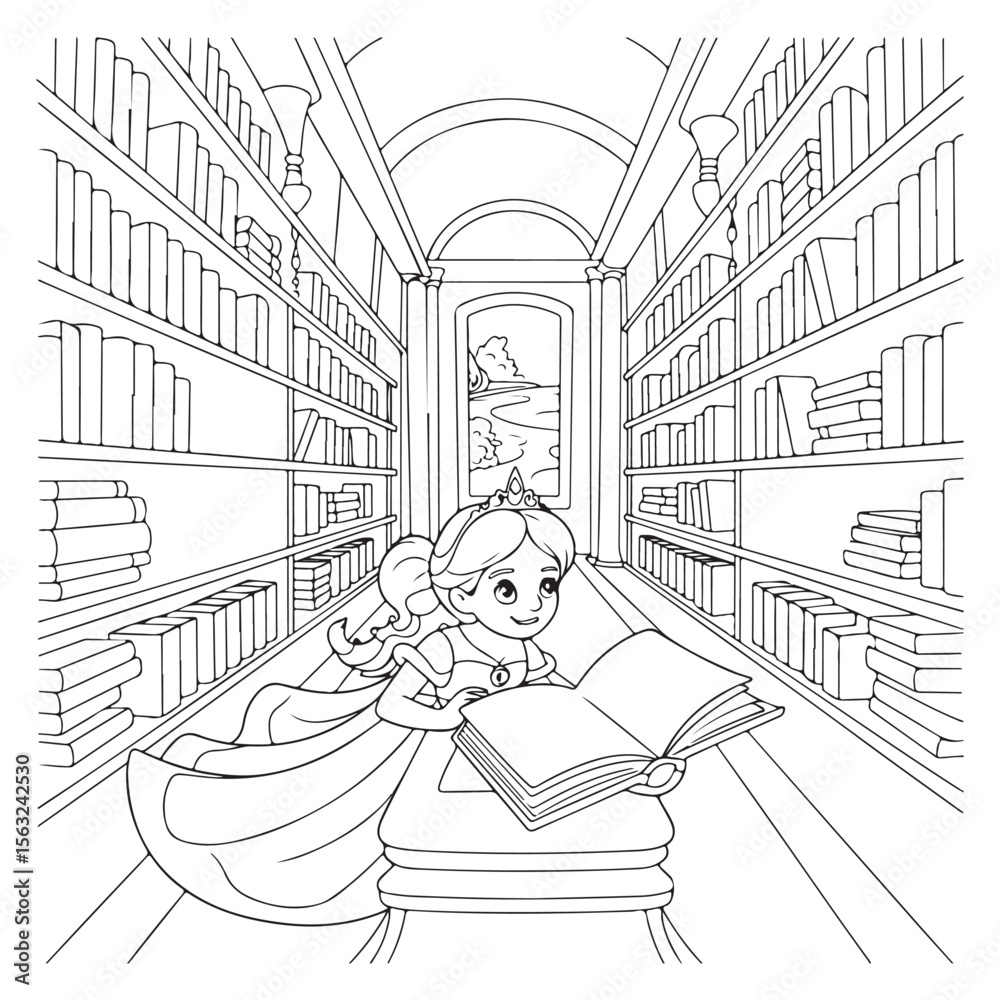 Princess reading a book in a library coloring page design Stock Vector ...
