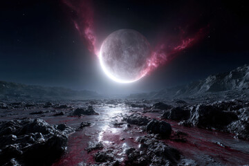 Poster - Giant luminous moon over a rocky alien landscape with vibrant nebulae in the night sky