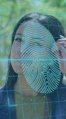 Poster - Biometric finger scanner and security padlock icon against african american woman smiling