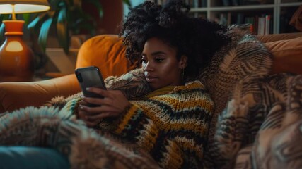 Poster - A person sitting on a sofa with a cellphone in hand, potentially engaged in a conversation or browsing online